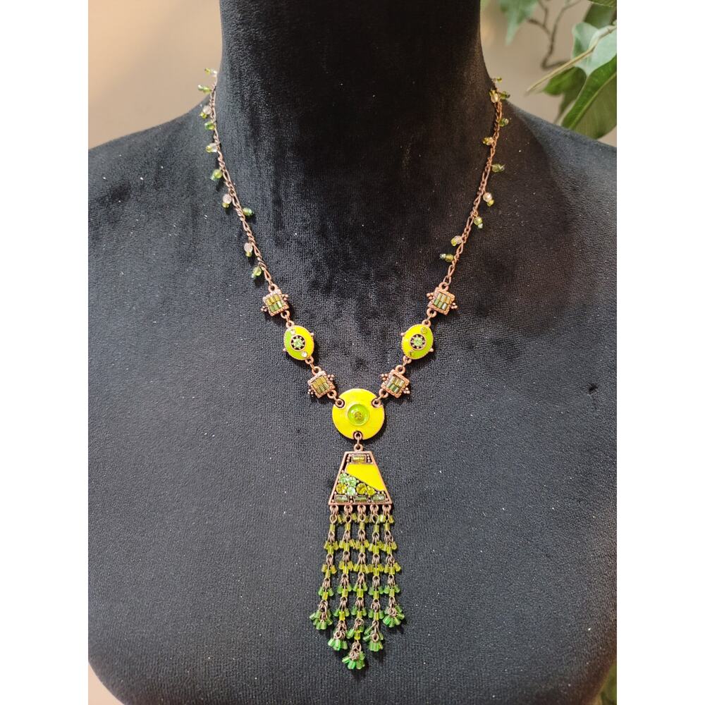 Vintage Green Rhinestone Fringe Necklace Copper Tone Boho Statement Jewelry - Picture 1 of 7